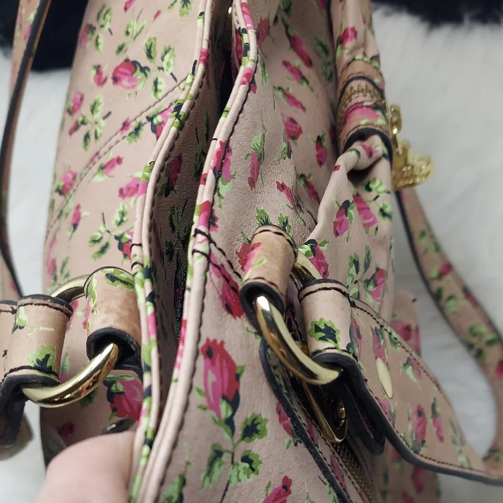 Betsey Johnson Beige Floral Tote with Pink Roses and Green Leaves